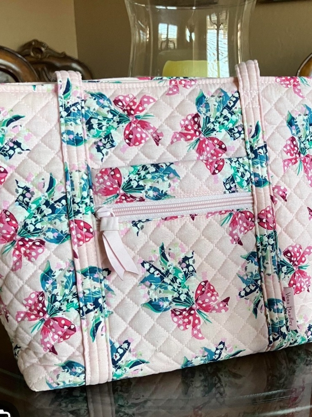 Vera Bradley Pastel Pink Quilted Tote with Floral Bow Print